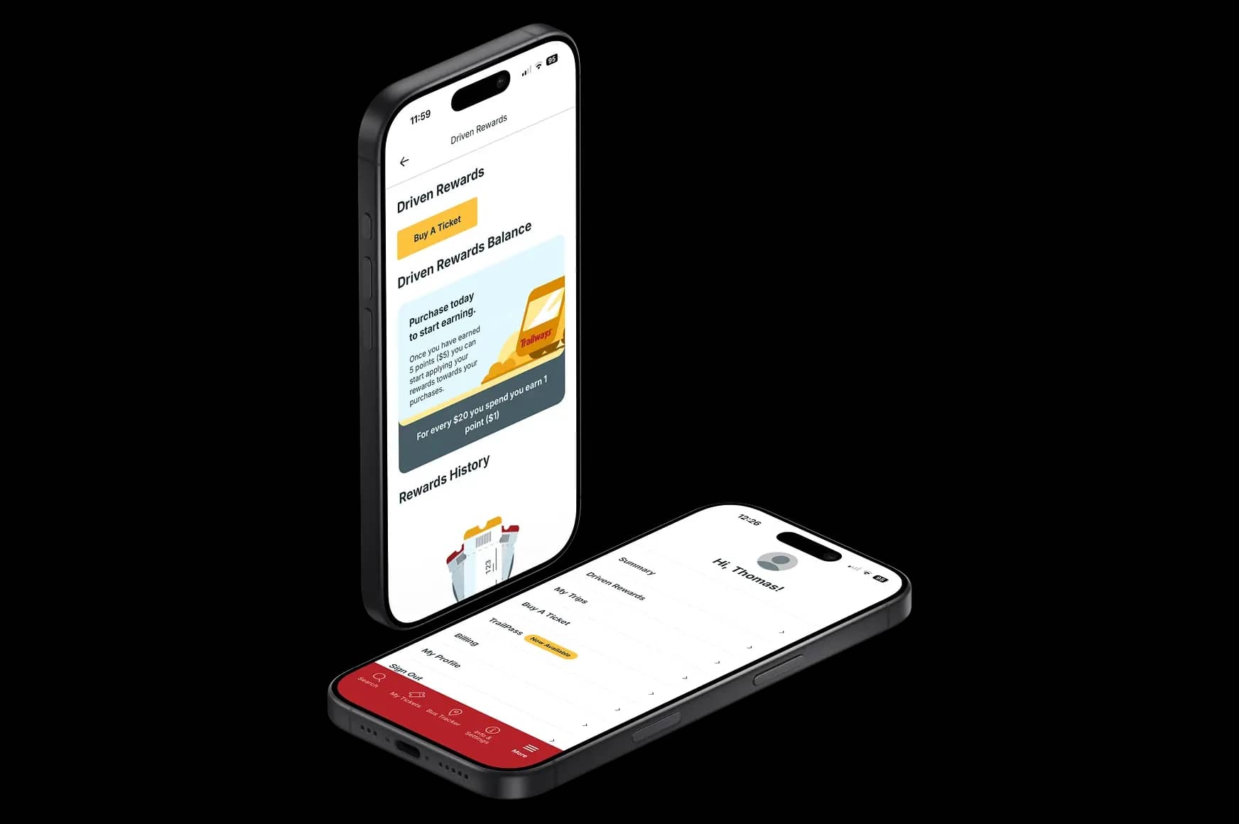 L'application Trailways affichant un solde Driven Rewards et un menu de compte