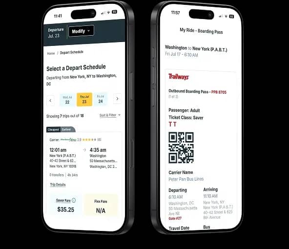 L'application Trailways affichant un horaire de départ et une carte d'embarquement mobile