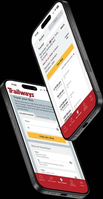 L'application Trailways affichant la recherche du suivi de bus et une carte d'itinéraire en direct avec les horaires des arrêts