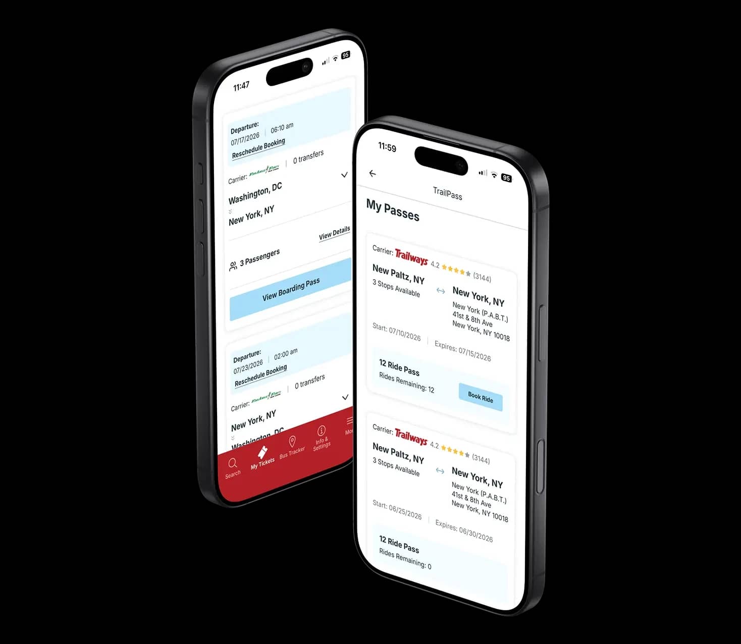 L'application Trailways affichant les prochains voyages et une liste de TrailPasses