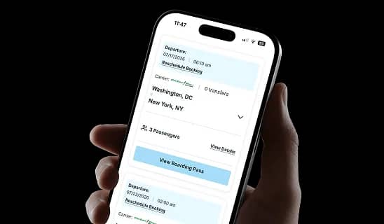Les détails de la réservation dans l'application Trailways avec un lien vers la carte d'embarquement