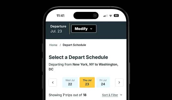 La liste des horaires de départ dans l'application Trailways