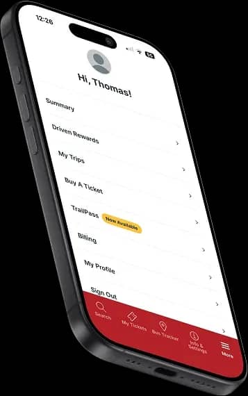 Le menu du compte de l'application Trailways