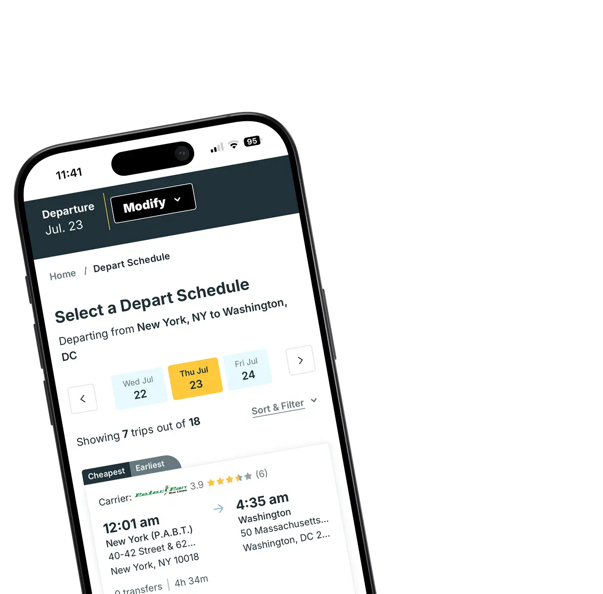 Écran des horaires de l'application Trailways