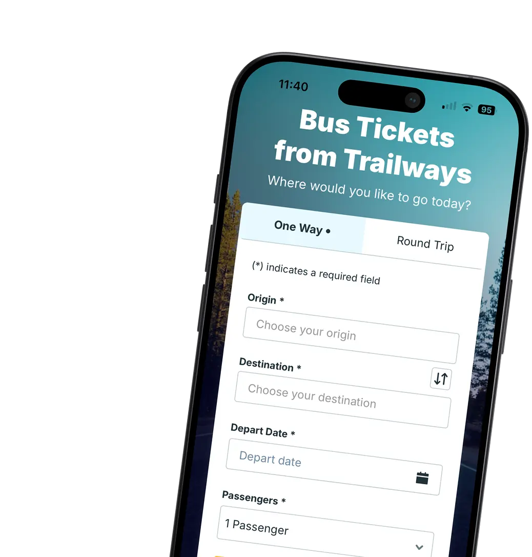 Écran de recherche de voyages de l'application Trailways